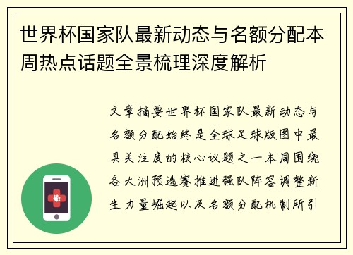 世界杯国家队最新动态与名额分配本周热点话题全景梳理深度解析
