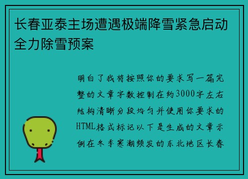 长春亚泰主场遭遇极端降雪紧急启动全力除雪预案 长春亚泰主场遭遇极端降雪紧急启动全力除雪预案
